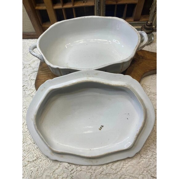 Antique White Porcelain Ironstone Meakin WM Co Tureen With Lid Floral Gold & Gre - Picture 6 of 9